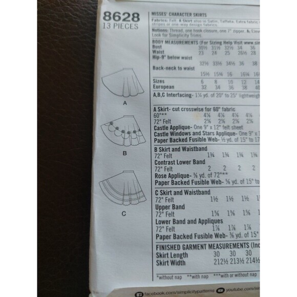 Simplicity Disney Princess Pattern 8628 50s Sock Hop Circle Skirts Belle Ariel - Picture 5 of 8